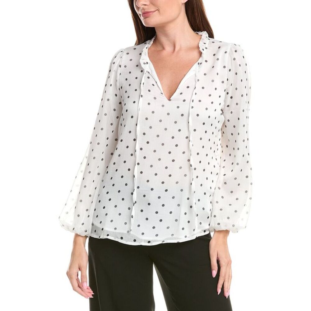 Adrianna Papell Womens Printed Ruffle Tie Neck Chiffon Woven Top, White